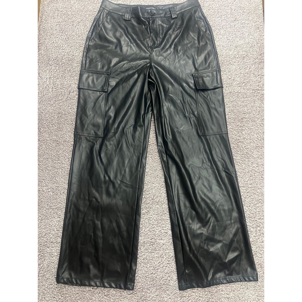 Fashion Nova Women's L Black Faux Leather Wide Leg Cargo Pants High Rise